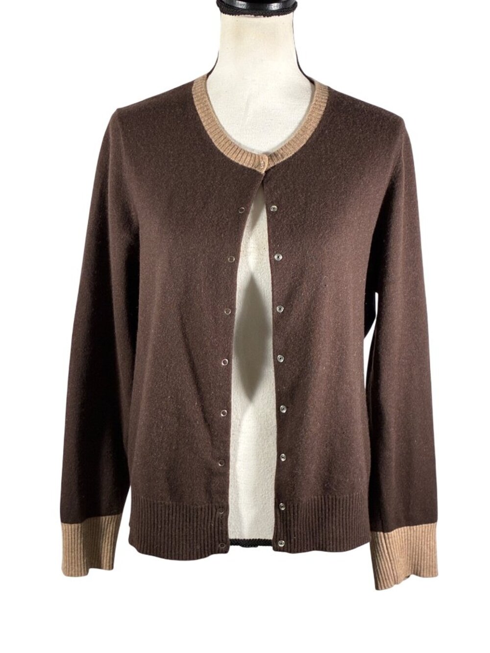 Evelyn Grace baby snap Cashmere Brown & Tan Cardigan Sweater XL vintage Ribbed